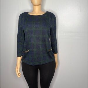 Talbots women long sleeve green plaid blouse size M